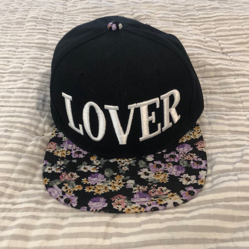 Floral and black LOVER flat brim snap back hat